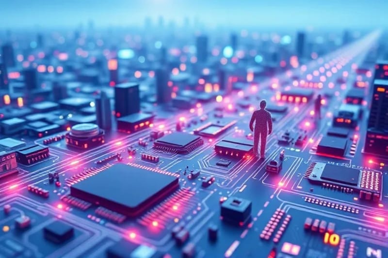 Libro mayor digital que se extiende hacia una ciudad futurista