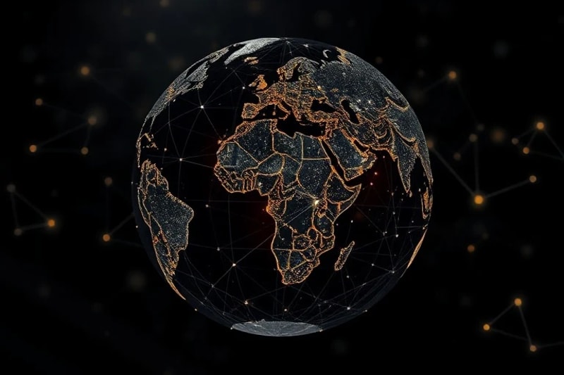 Abstract visualization of interconnected global data nodes