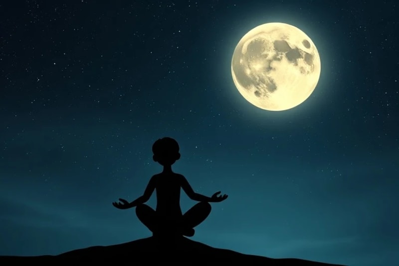 Cosmic Alignment: Lunar Meditation A person meditating under a full moon, symbolizing connection to cosmic rhythms and inner peace.