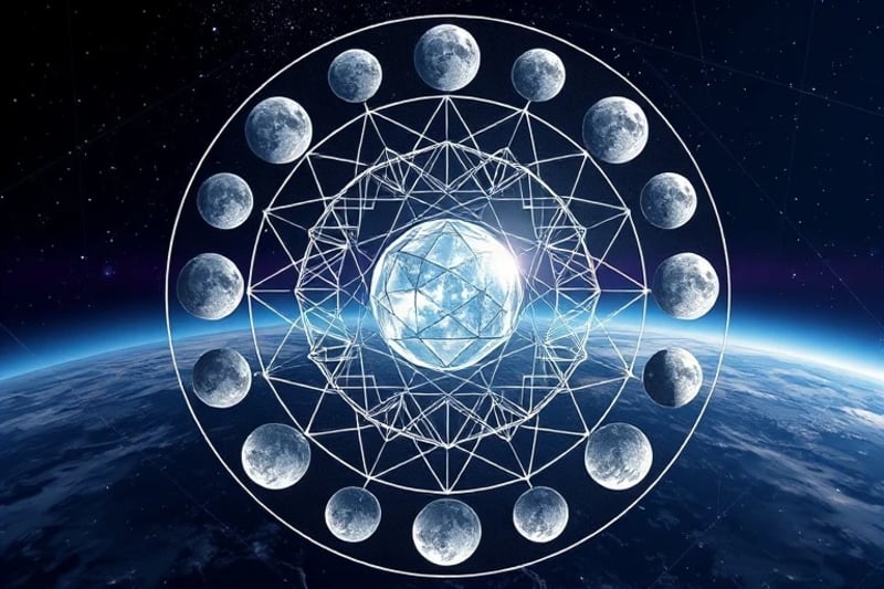 Cosmic Harmony: Inner Light A 3D render of a glowing crystal sphere surrounded by orbiting moon phases, symbolizing inner harmony and celestial connection.