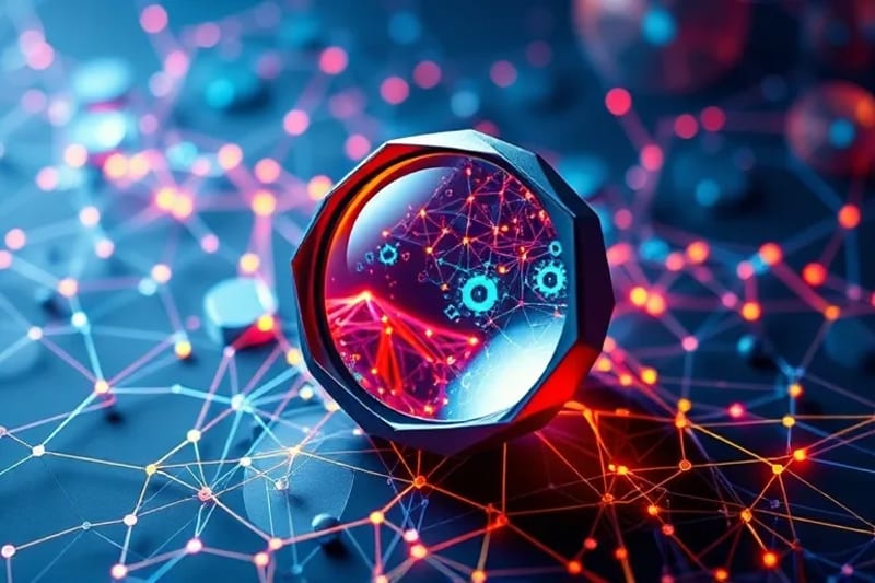 Stylized cyberpunk map of the internet as a neural network, with an AI magnifying glass icon searching data clusters for anomalies.