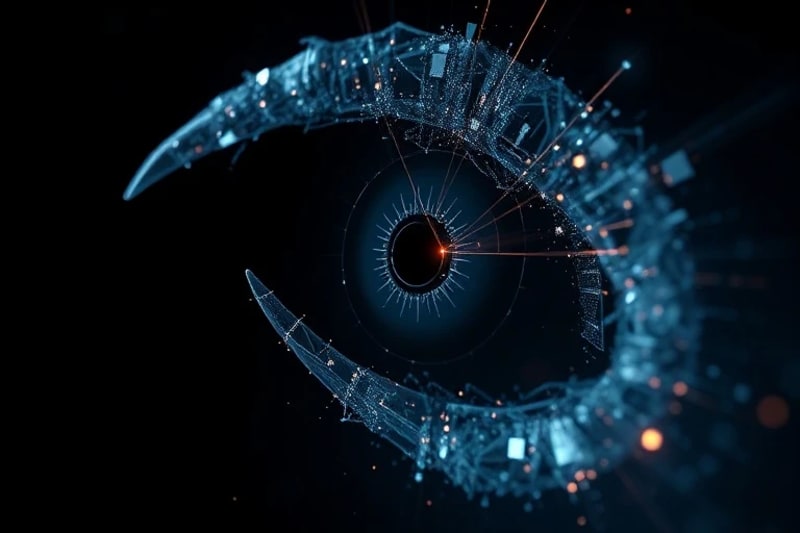 Abstract 3D render of fragmented, translucent digital artifacts and data clusters in a dark void, hinting at an unseen entity.