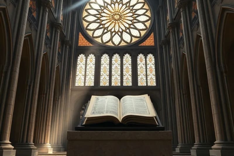 Interior de una catedral gótica con un rosetón de geometría compleja