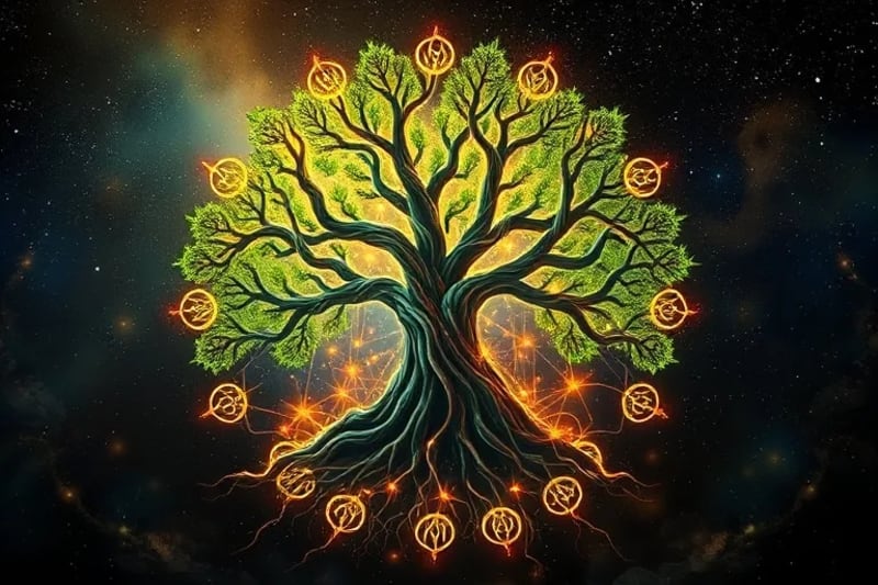 Intricate glowing root system of a tree, symbolizing deep foundations, growth, and the hidden abundance of nature.