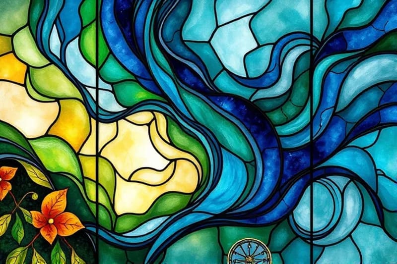 Abstract watercolor art with flowing blues, greens, and golds, representing harmony, natural flow, and the effortless unfolding of intentions.