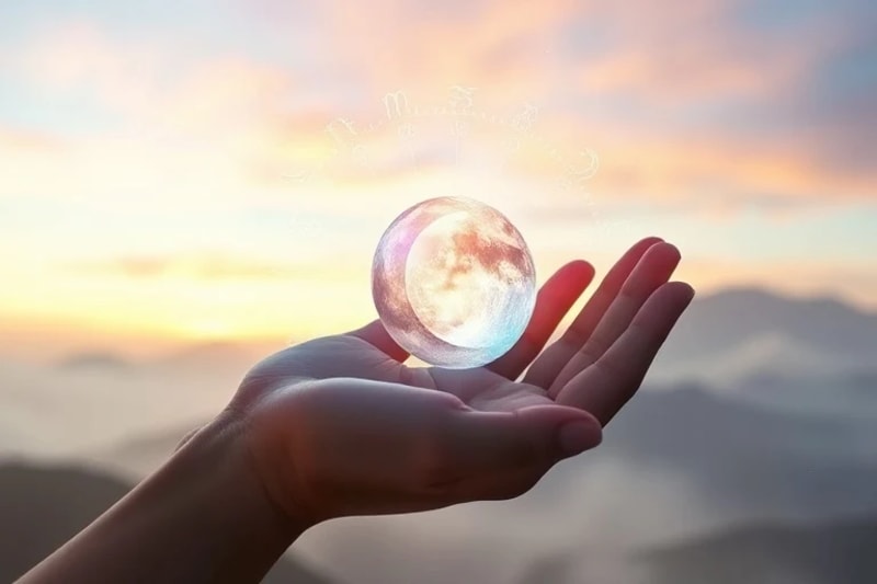 Mano delicada sosteniendo un cristal brillante que refleja la luna creciente, rodeado de símbolos mágicos y colores pastel etéreos.