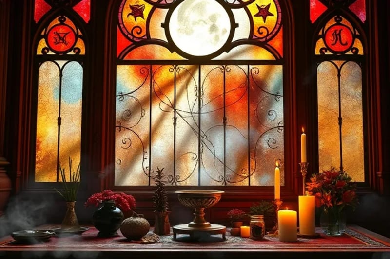 Altar estilizado con hierbas, velas y un cáliz, iluminado por la luz de la luna que entra por una ventana, creando una atmósfera mística y sagrada.