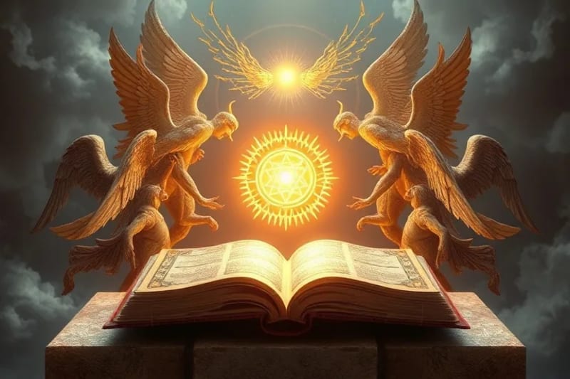 Corte celestial con seres divinos en formación geométrica.