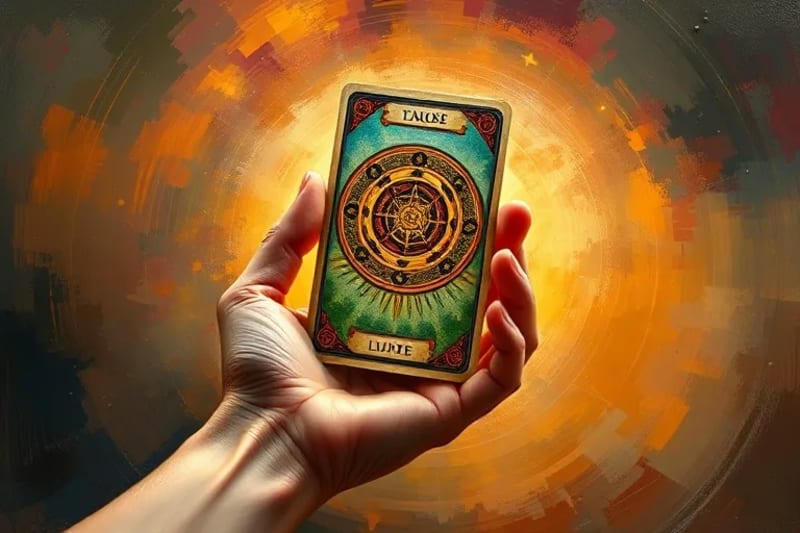 Human hand holding a Tarot card, with subtle sacred geometry symbols in the background.