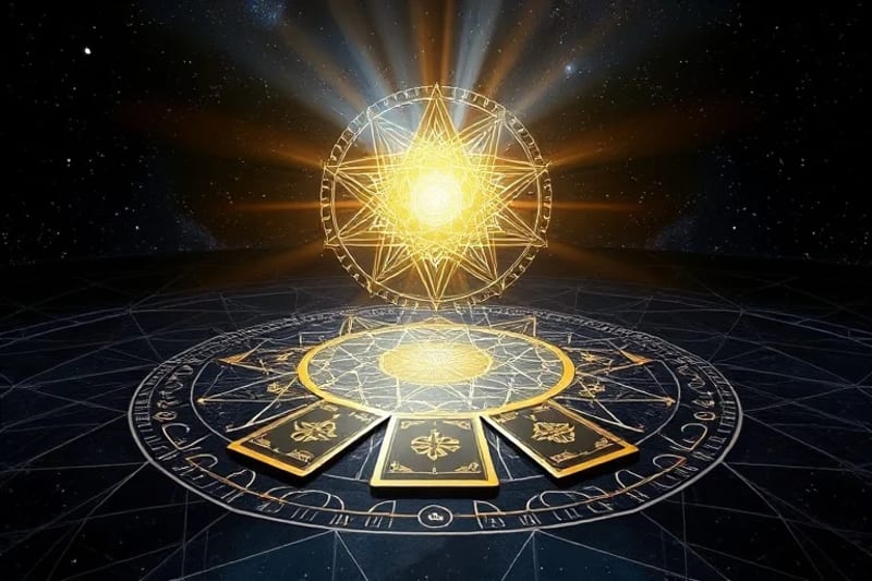 Tarot spread laid out on a surface composed of interlocking geometric shapes.