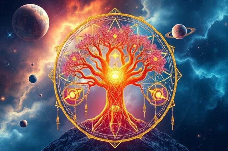 Árbol cósmico con raíces cristalinas y ramas hacia una nebulosa, pulsando con luz cuántica
