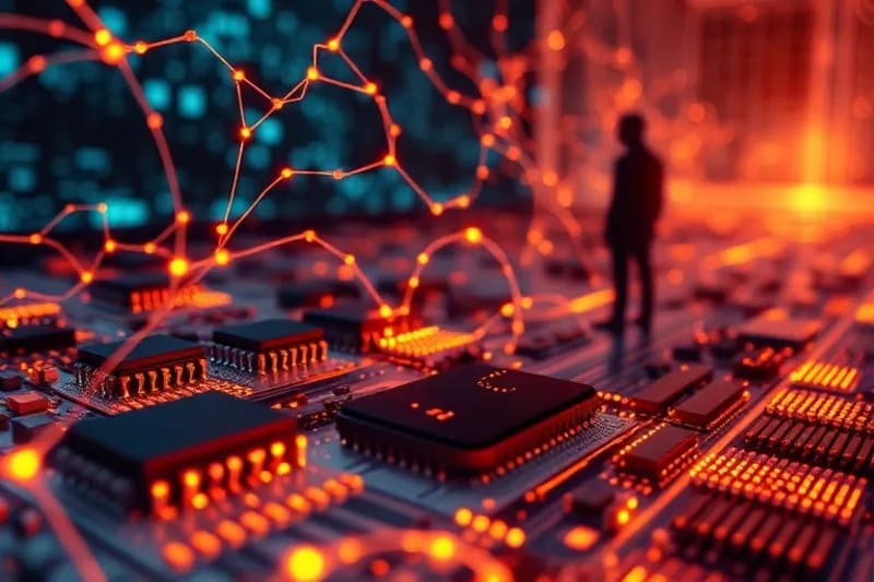 Red neuronal compleja analizando datos genómicos y registros médicos para la detección temprana de enfermedades.