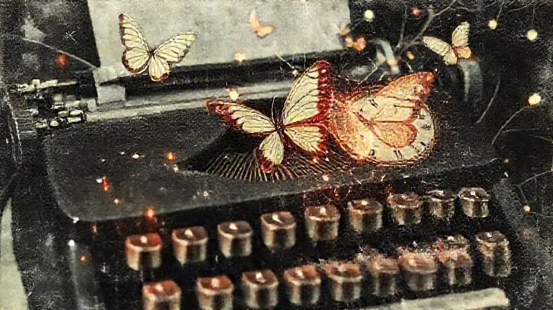 Conceptual still-life of a magical realism typewriter with AI elements