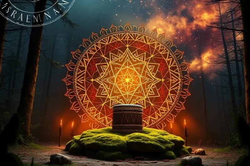 Tambor chamánico sobre altar, con espíritus ancestrales y estrellas
