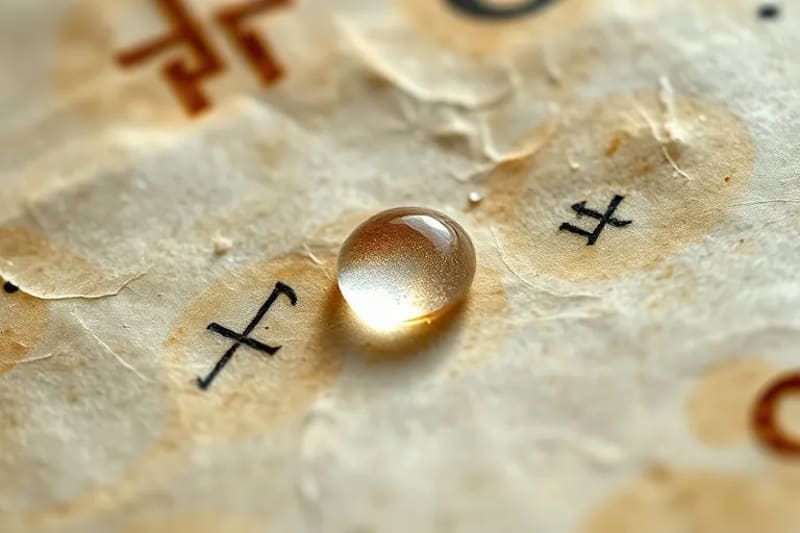 Primer plano macro de un fragmento de pergamino antiguo con símbolos y una gota de agua