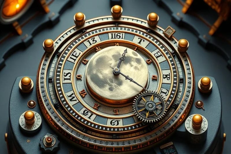3D render of a cosmic clock with the moon as its center, surrounded by gears and celestial bodies.
