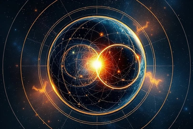Representación abstracta de dos esferas interconectadas, una oscura y otra luminosa, simbolizando el karma pasado y el potencial futuro.