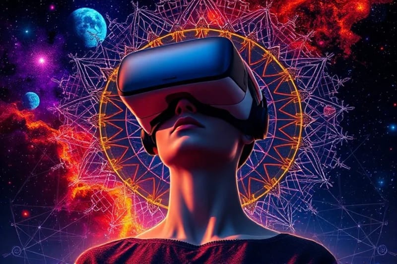 Person wearing VR headset in abstract virtual landscape for meditation