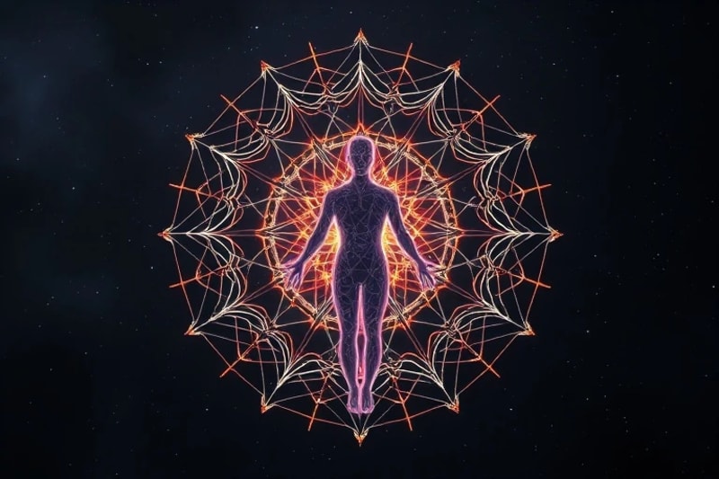 Abstract network of data streams forming human aura, symbolizing digital healing