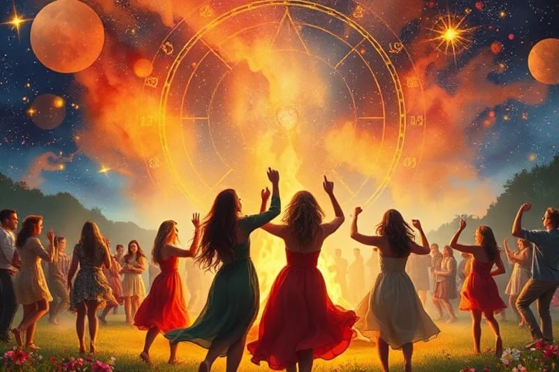 Pintura acuarela de un festival de fuego Beltane con personas bailando