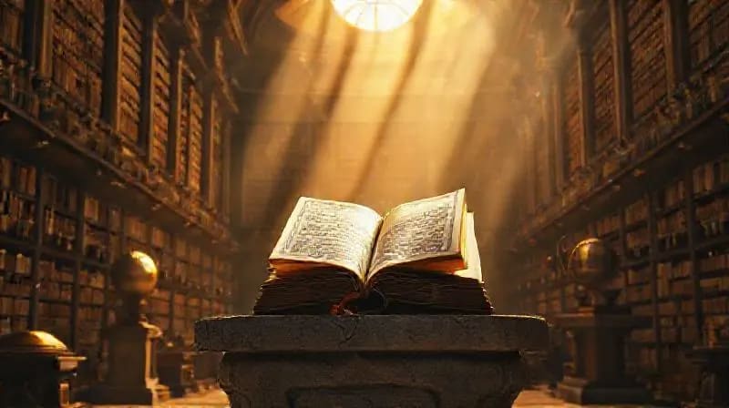 Profecías Papales: Reflexión y Sabiduría Milenaria Representación conceptual de un Papa meditando sobre textos antiguos en una biblioteca mística.