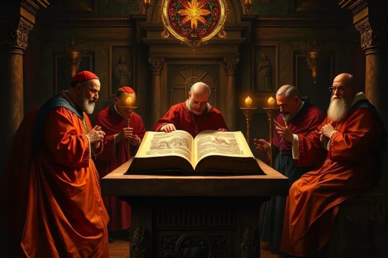 Discernimiento Teológico: El Camino de la Verdad Representación de un grupo de teólogos y eclesiásticos discutiendo textos antiguos en una cámara del Vaticano.