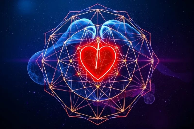 The Interplay of Mind and Intuition Abstract digital painting of brain and heart connected by data streams