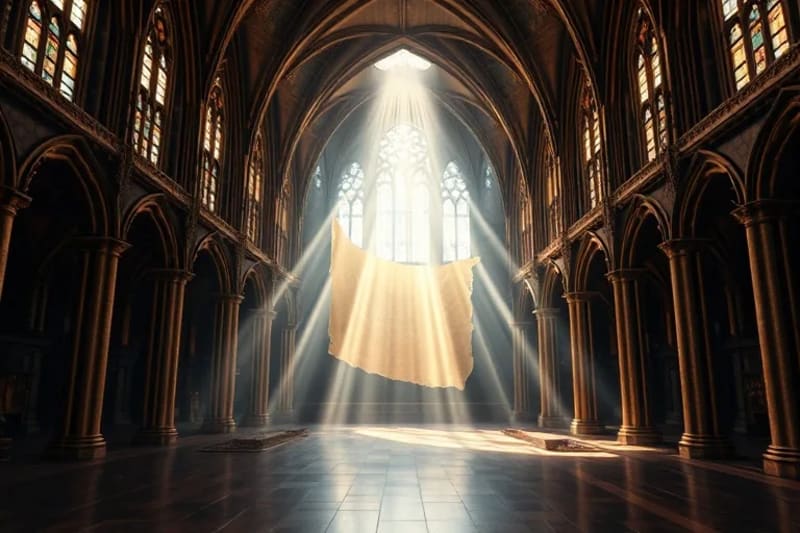 Profecía y Futuro: Conectando lo Antiguo con lo Moderno Representación de un pergamino antiguo desenrollándose para revelar una proyección holográfica de un mapa mundial futurista, con elementos de catedral en el fondo.