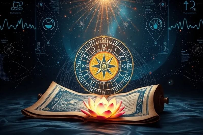 Ancient Wisdom Meets Modern Biometrics 3D render of an ancient scroll revealing holographic biometric data