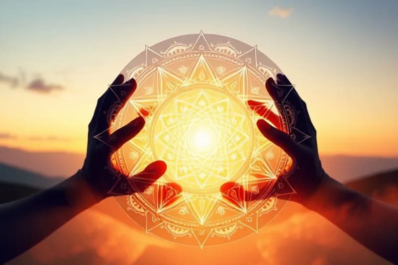 Mandala de geometría sagrada con manos simbolizando sanación