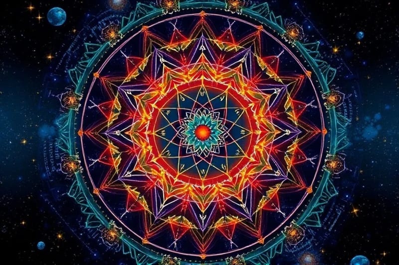 Abstract cellular structures with astrological symbols