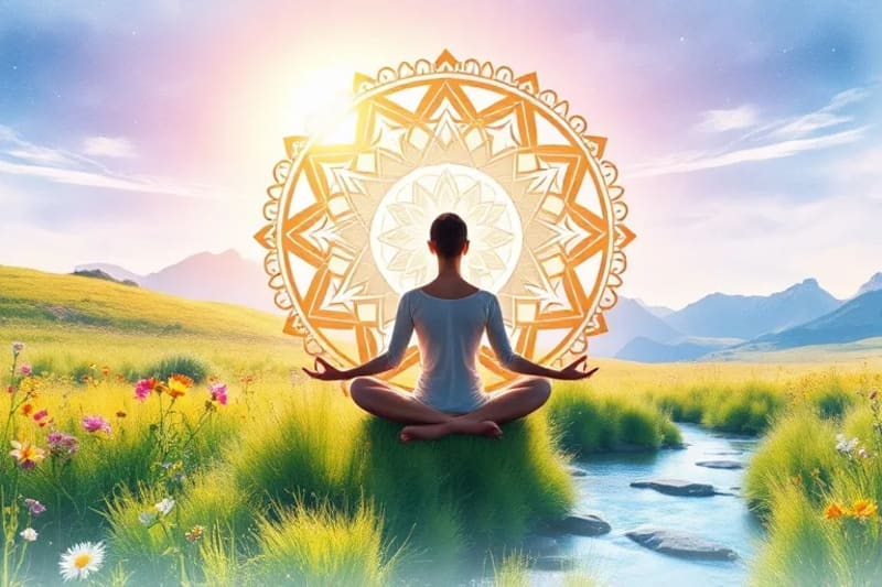 Person meditating in a meadow with wildflowers, symbolizing peace and natural energy