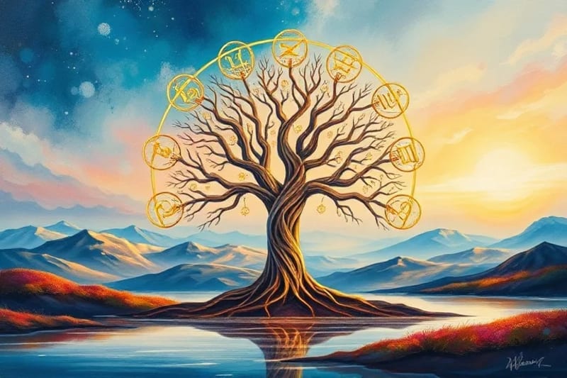 Abstract geometric patterns forming a tree, radiating energy into a natural landscape