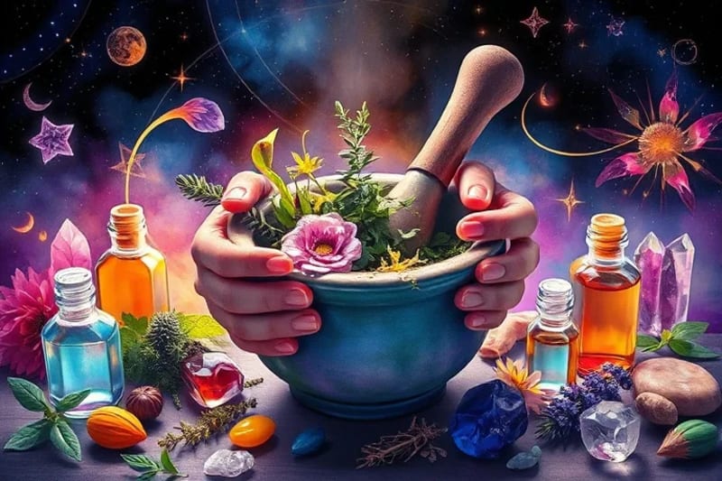 Manos preparando un elixir con hierbas, cristales y viales de vidrio