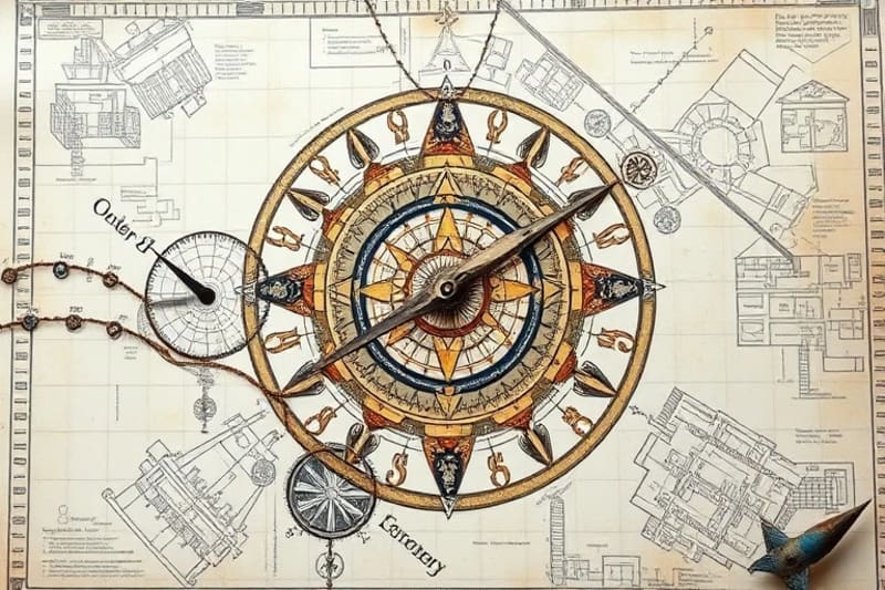 Watercolor painting of an astrolabe and compass on a city blueprint