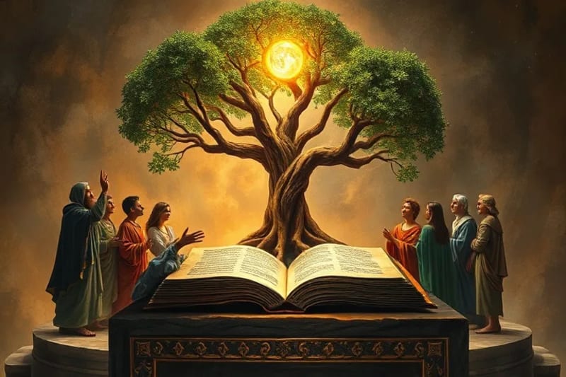 Pintura alegórica de personas de diversas culturas cuidando un Árbol de la Vida, simbolizando la unidad y responsabilidad ecológica.