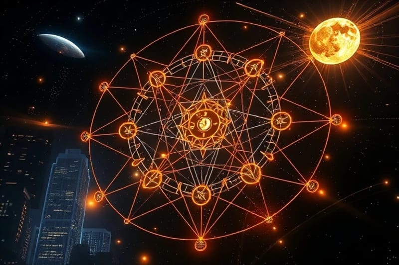 3D render of luminous ley lines and cosmic grids flowing through urban infrastructure with lunar mansion symbols