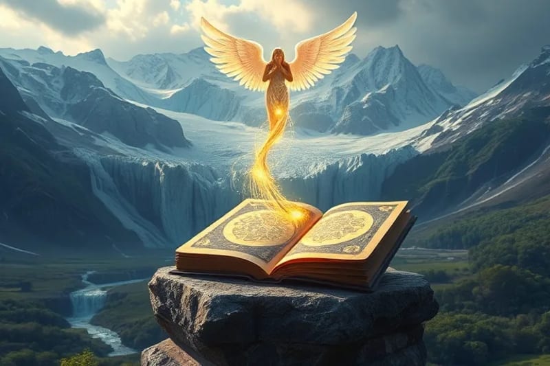 Glaciar derritiéndose con símbolos espirituales fluyendo, observado por una figura angelical, representando la transformación ecológica.