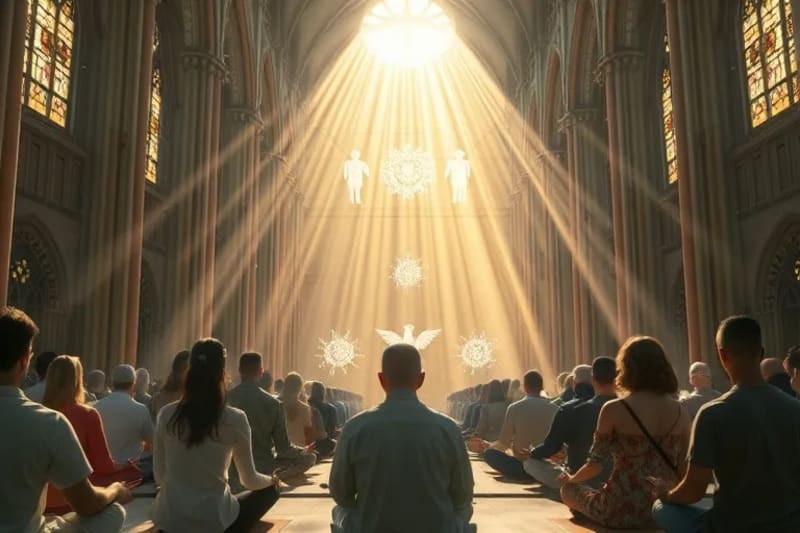 Grupo diverso de personas meditando con presencias angélicas y flujos de datos abstractos