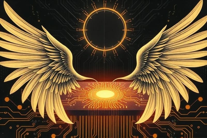 Circuito electrónico entrelazado con alas emplumadas, simbolizando la fusión de tecnología y espiritualidad