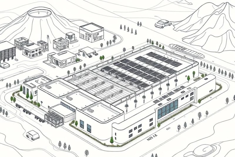 Planta de tratamiento de agua futurista integrada en un entorno urbano verde con paneles solares y pantallas de monitoreo.