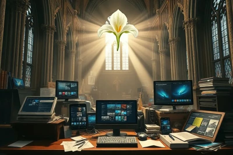 Escritorio con dispositivos digitales y noticias caóticas, iluminado por una luz espiritual que simboliza la claridad y la purificación de la información.