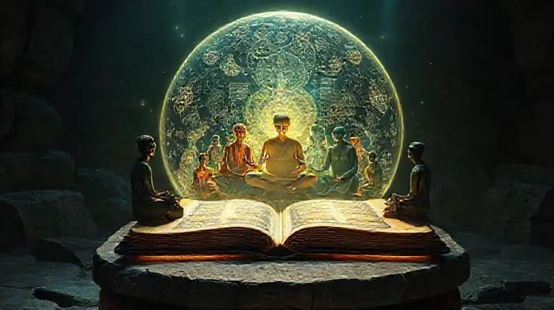 Grupo de personas meditando en un círculo, rodeadas de patrones digitales abstractos y noticias fragmentadas, protegidos por una esfera de energía espiritual.