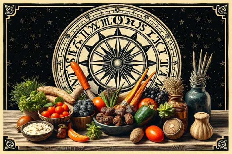 Bodegón de alimentos y platos que representan los elementos y cualidades de los signos zodiacales.