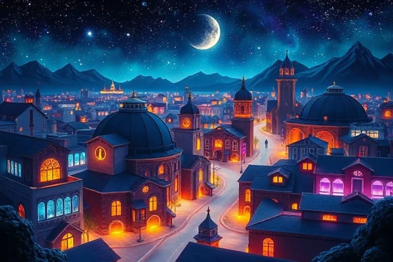 Stylized map of a city district, buildings and pathways highlighted with symbols representing lunar mansions, each symbol emitting a gentle aura, mystical color palette of blues, purples, and golds.