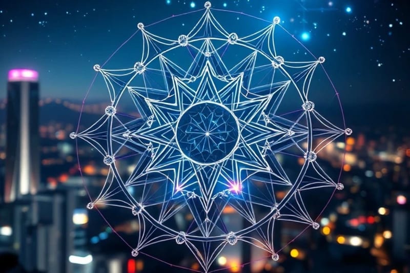 Interlocking geometric shapes and crystalline structures forming a complex network, celestial light rays piercing through, illuminating specific nodes. Blurred futuristic cityscape background.