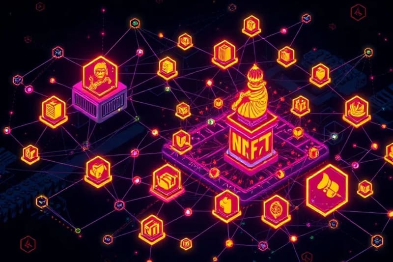 Stylized virtual assets (NFTs, digital land) protected by glowing shields in a blockchain network