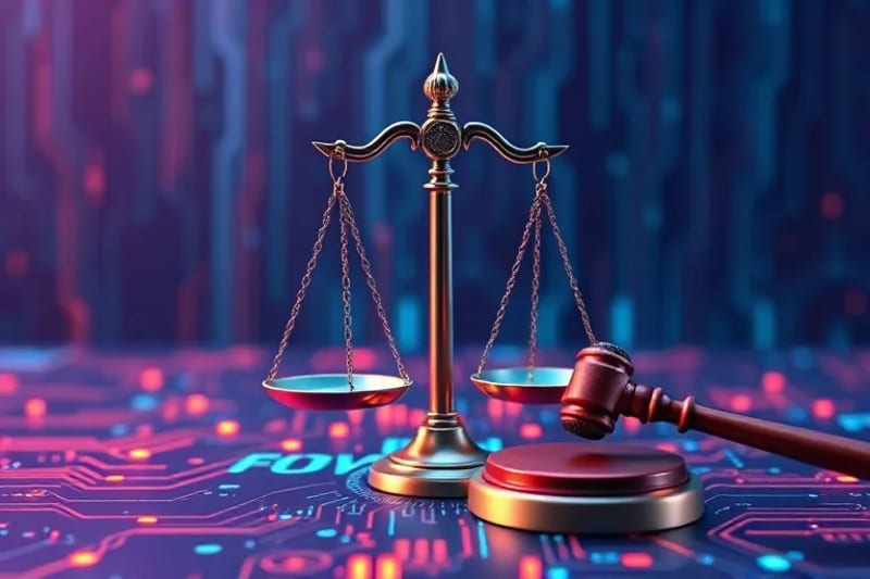 Conceptual render of legal symbols intertwined with circuit boards and data streams