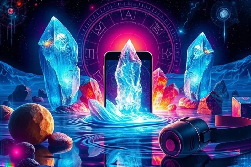 Digital tools for spiritual practice, including a smartphone, VR headset, and biofeedback device, surrounded by glowing natural elements