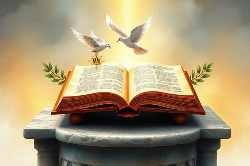 Libro antiguo abierto con luz mística y símbolos espirituales